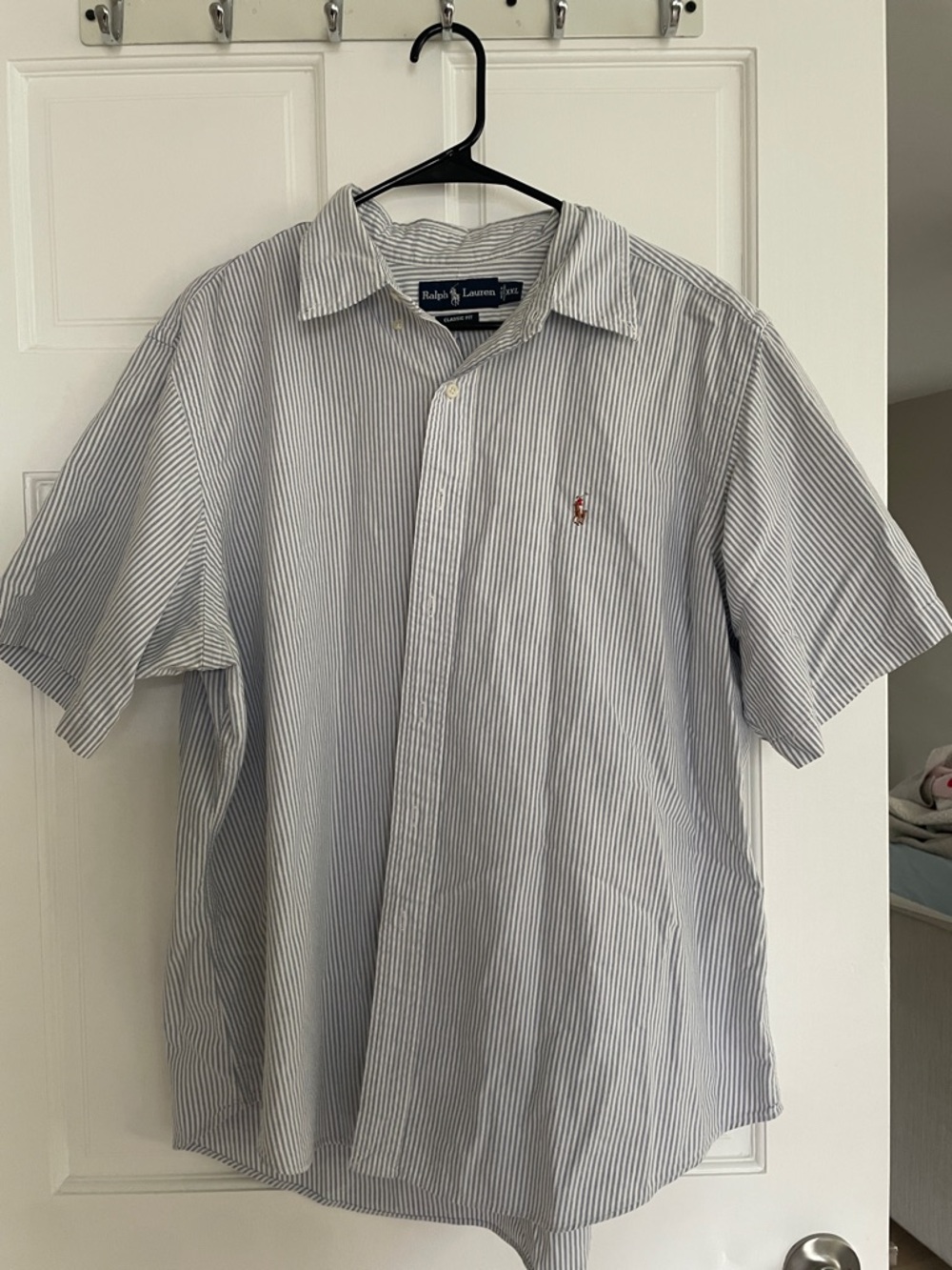 Ralph Lauren White and Blue Pinstripe Short-Sleeve Button-Down Shirt